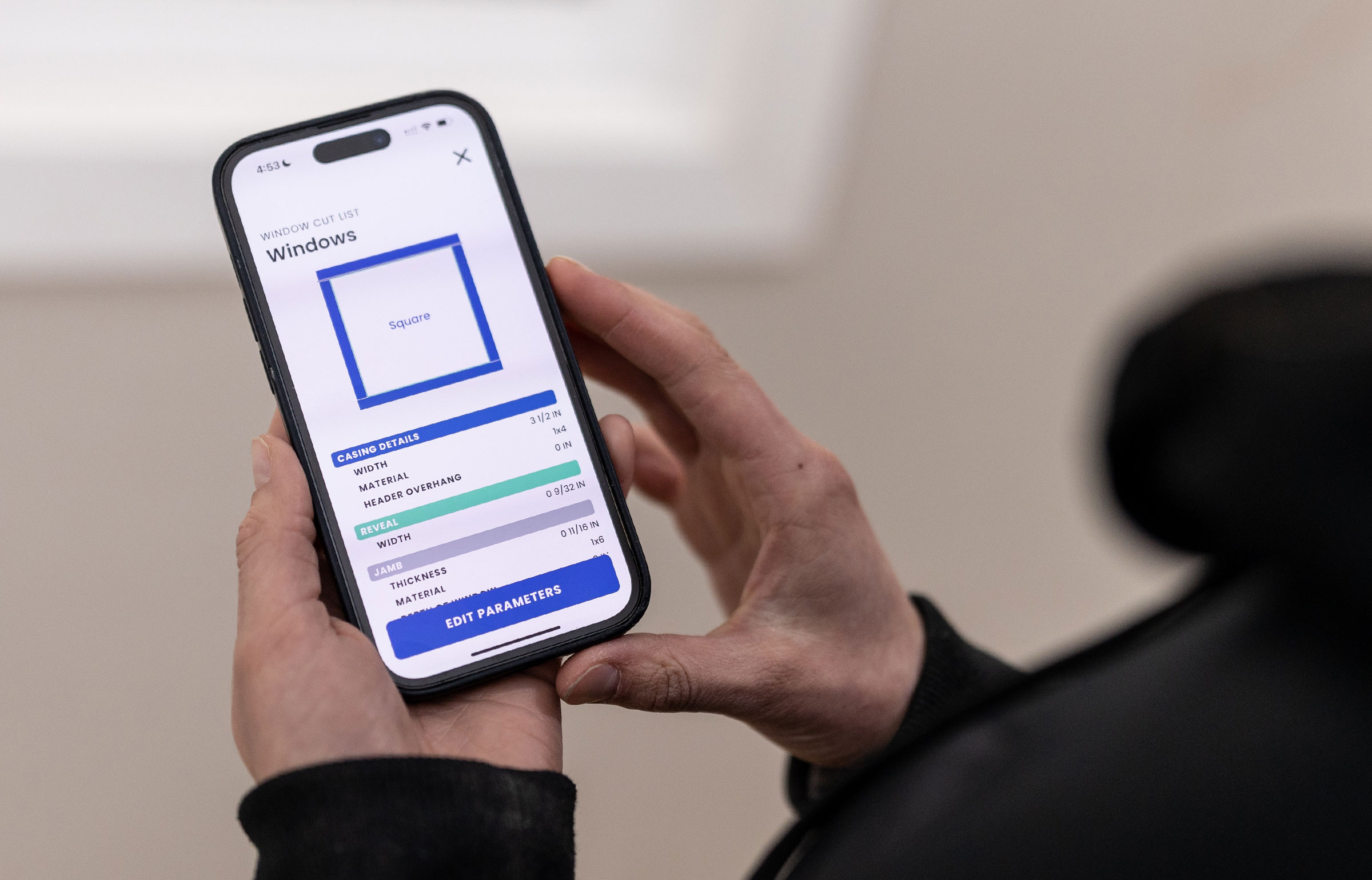 A trim carpenter filling a cut list on TrimList Pro app for iPhone