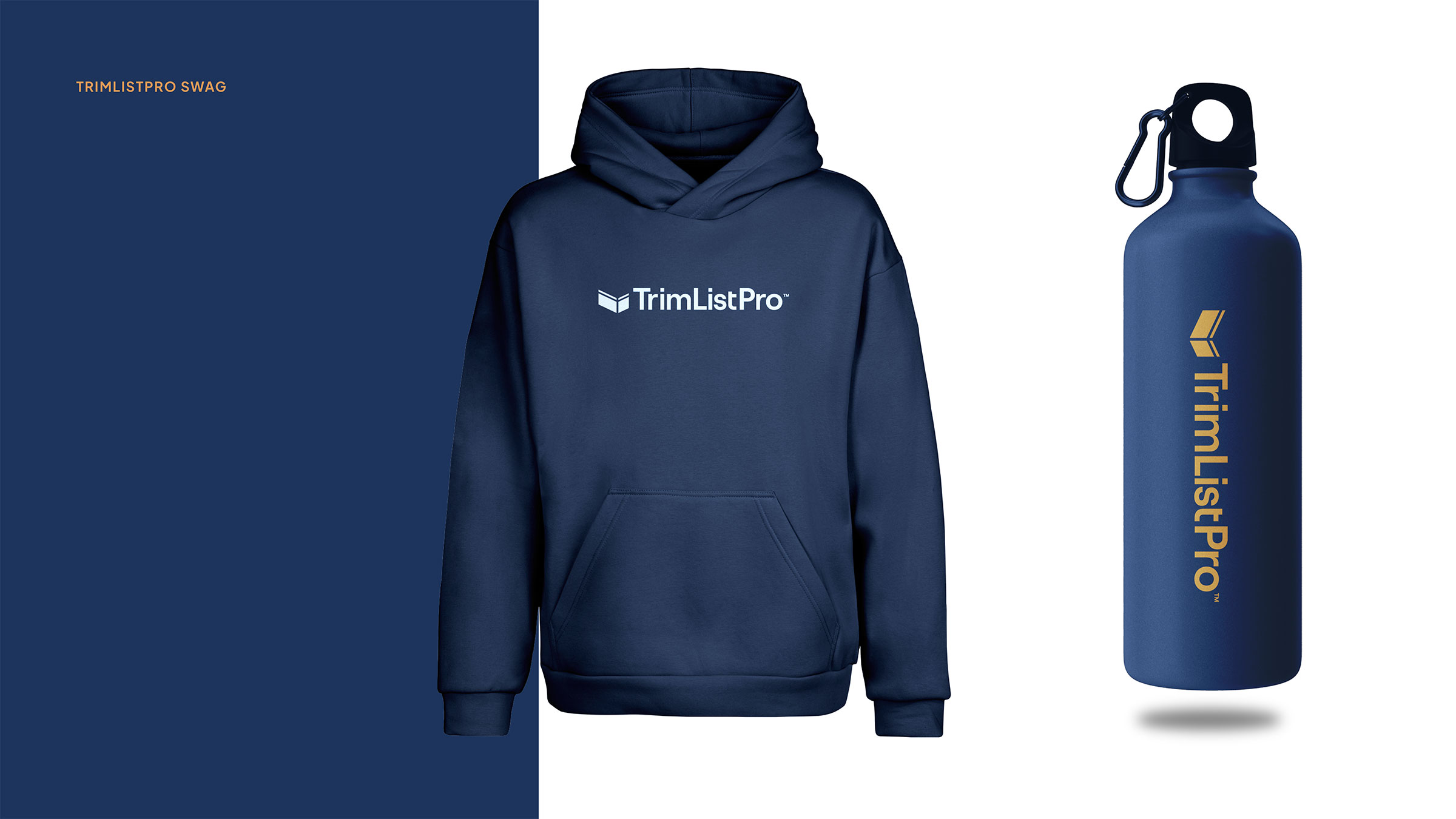TrimList Pro branded sweatshirt and water bottle