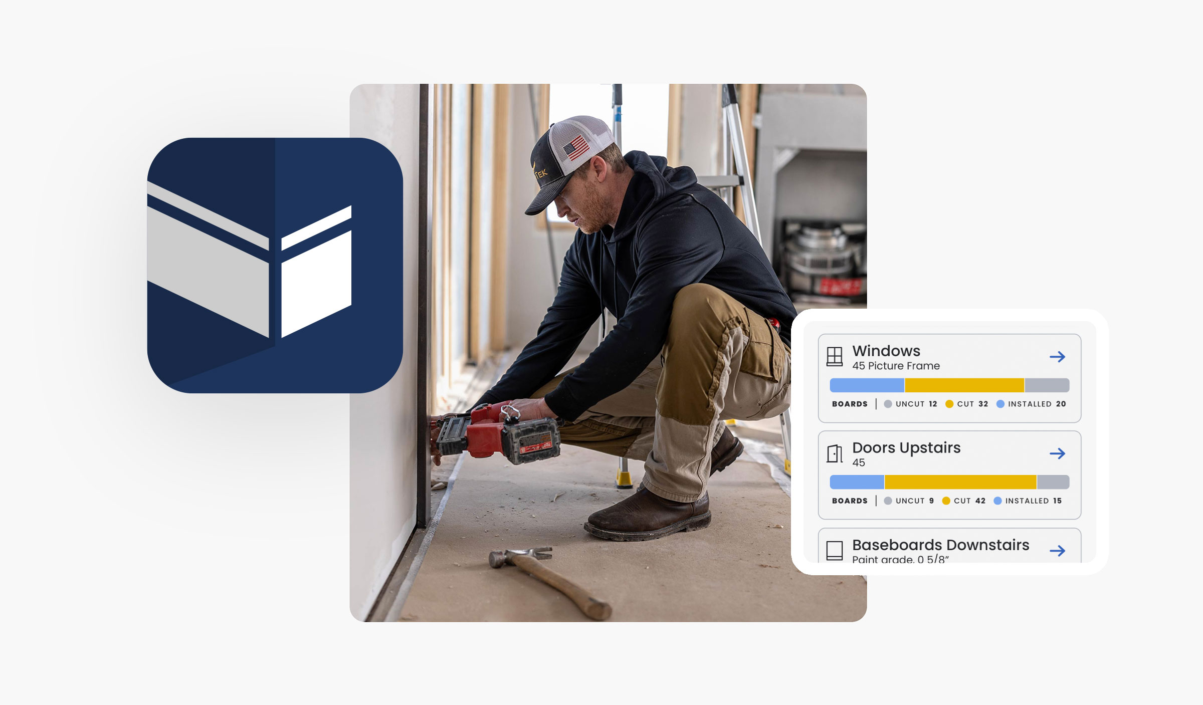 Carpenter using a nailer to install door trim using the TrimList Pro workflow